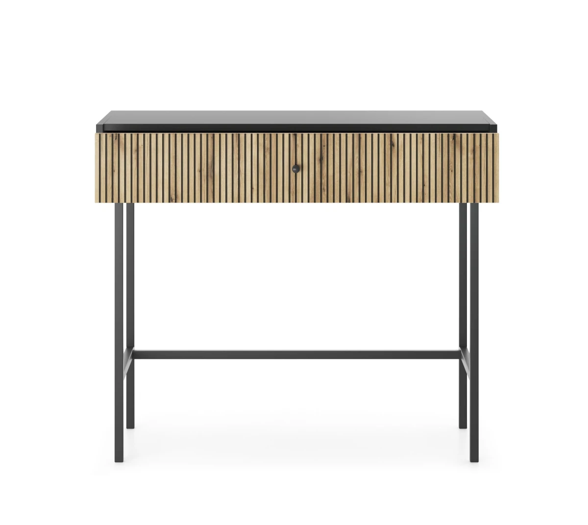 Zdjęcie Prezentujące Otwartą Szufladę w Czarnej Konsoli BELO z Lamelami