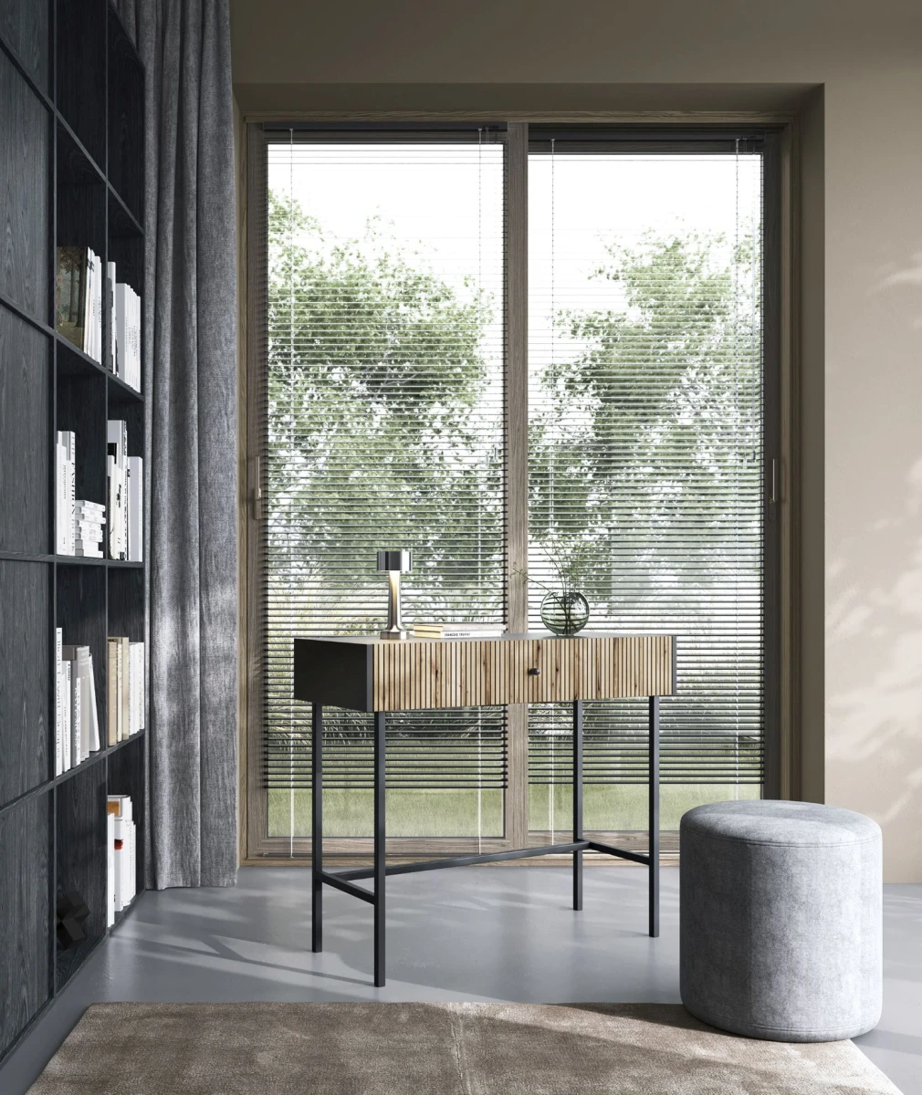 Czarna Konsola z Szufladą BELO z Lamelami na Wysokich Nóżkach w Sypialni