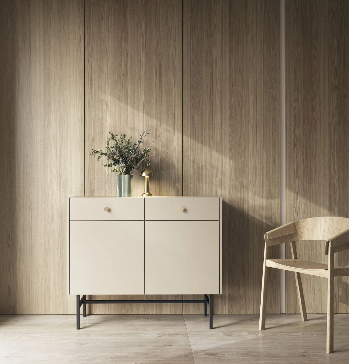 Nowoczesna Komoda BELO 2D 2SZ Kaszmirowa na Wysokich Metalowych Nóżkach w Salonie