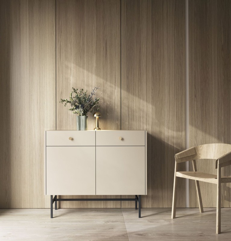 Nowoczesna Komoda BELO 2D 2SZ Kaszmirowa na Wysokich Metalowych Nóżkach w Salonie