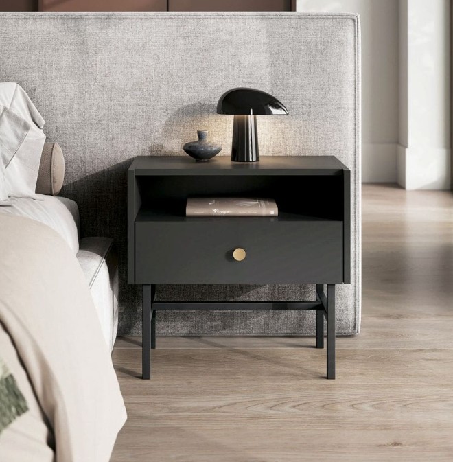 Stolik Nocny BELO  55 cm Czarny na Wysokich Nóżkach w Aranżacji Sypialni