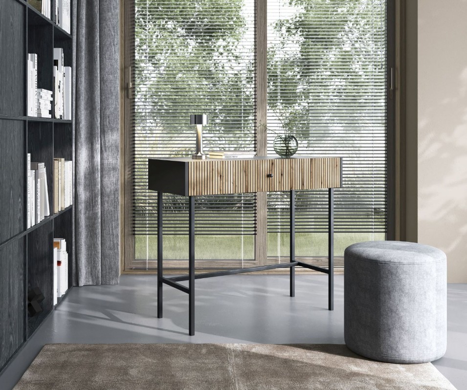 Czarna Konsola z Szufladą BELO z Lamelami na Wysokich Nóżkach w Aranżacji Sypialni