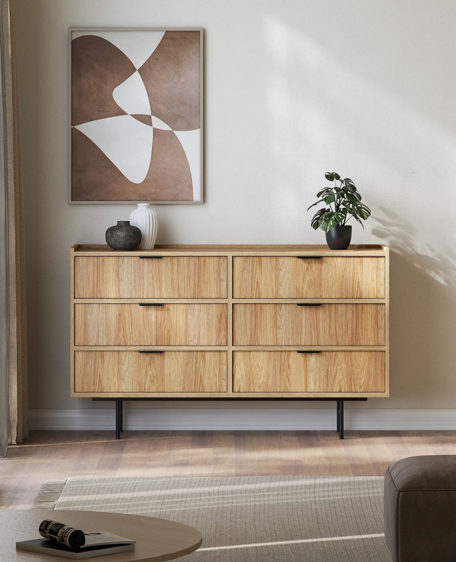 Komoda LENA 6SZ Dąb Hikora na Wysokich Metalowych Nóżkach do Sypialni