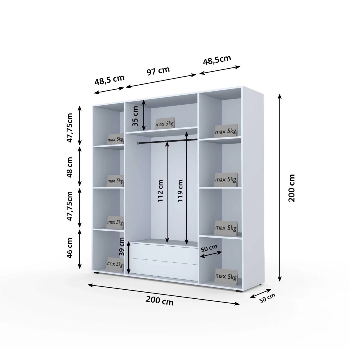 Zdjęcie Wymiarów Szafa Modułowa ALEX z Szufladami