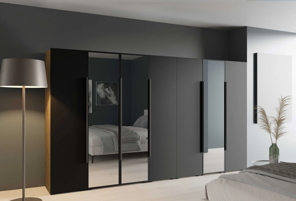 Szafa Modułowa ALEX 350 cm Czarny Mat Gładkie Fronty z Lustrem Garderoba