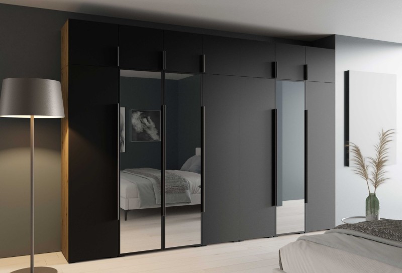 Szafa Modułowa z Nadstawką ALEX 350 cm Czarny Mat Gładkie Fronty z Lustrem Garderoba