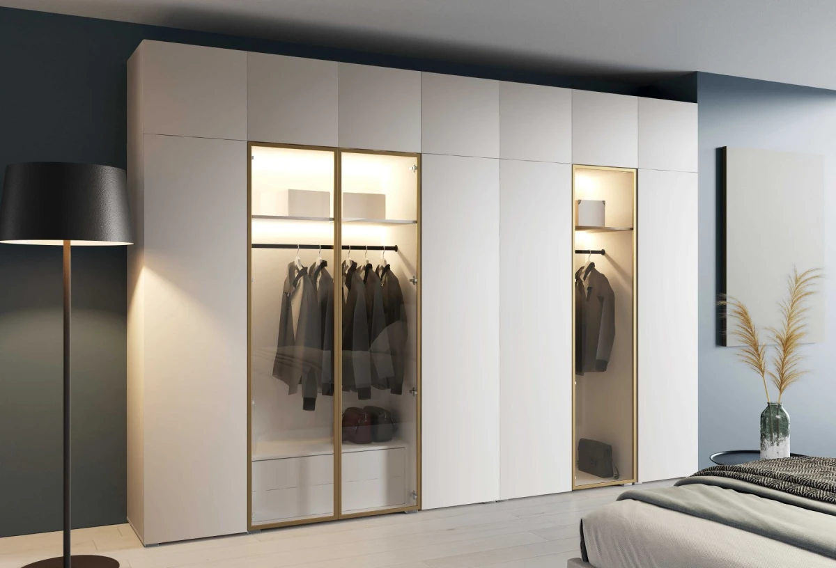 Szafa Modułowa z Nadstawką ALEX 350 cm Biały Mat Gładkie Fronty ze Szkłem Garderoba Złote Okucia