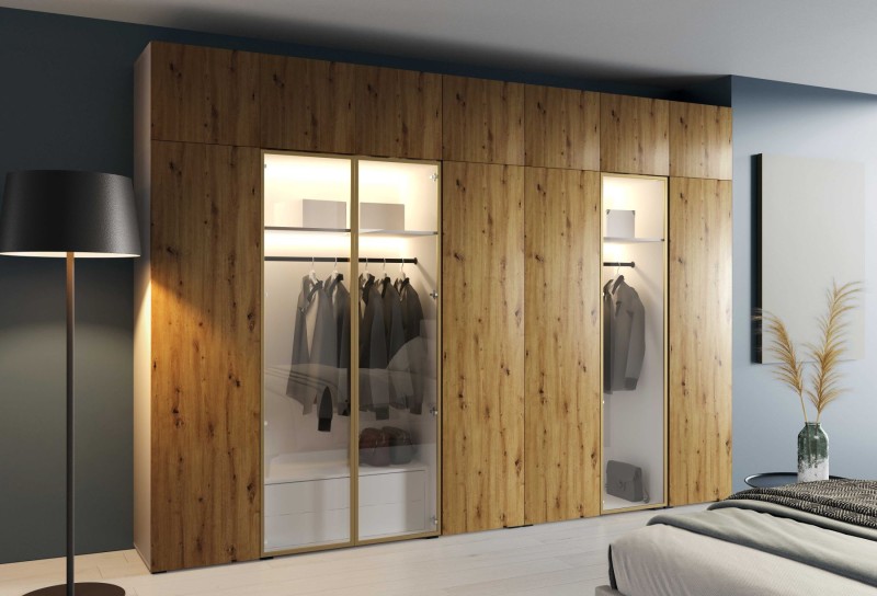 Szafa Modułowa z Nadstawką ALEX 350 cm Dąb Artisan Gładkie Fronty ze Szkłem Garderoba Złote Okucia