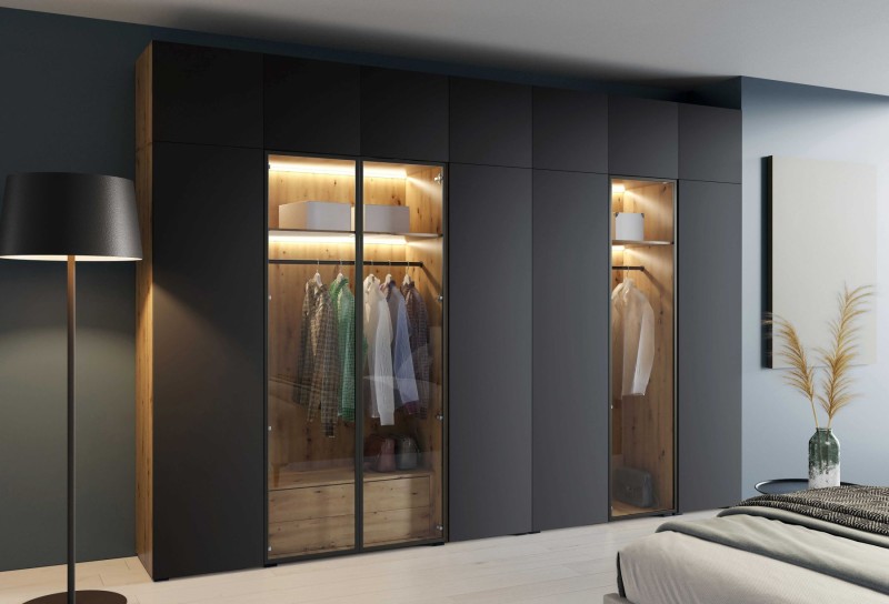 Szafa Modułowa z Nadstawką ALEX 350 cm Czarny Mat + Dąb Artisan Gładkie Fronty ze Szkłem Garderoba Czarne Okucia