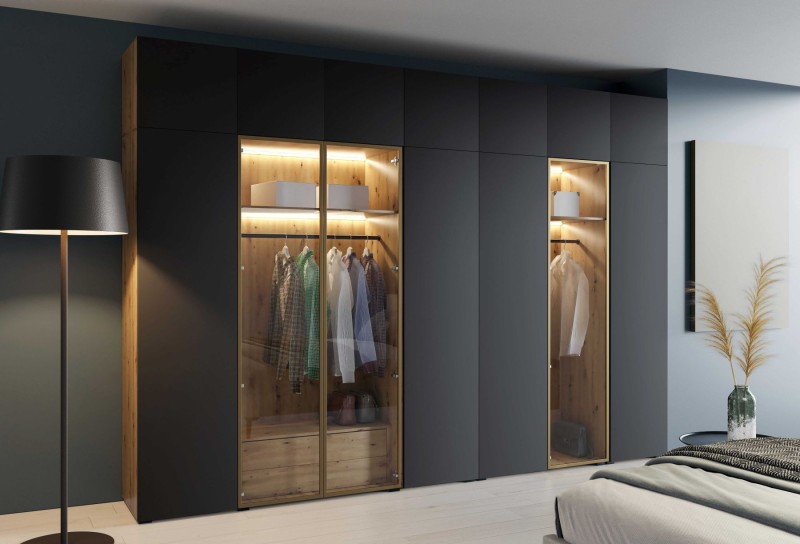 Szafa Modułowa z Nadstawką ALEX 350 cm Czarny Mat + Dąb Artisan Gładkie Fronty ze Szkłem Garderoba Złote Okucia