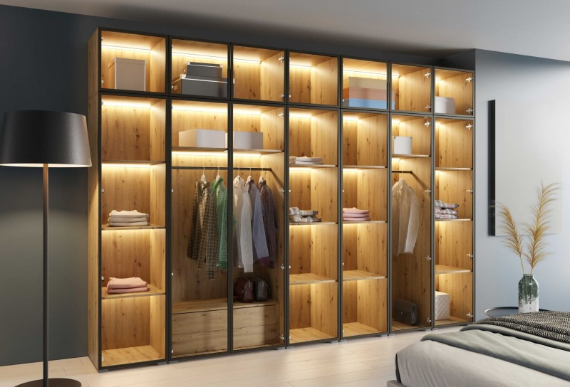 Szafa Modułowa z Nadstawką ALEX 350 cm Dąb Artisan Szklane Fronty Garderoba Czarne Okucia