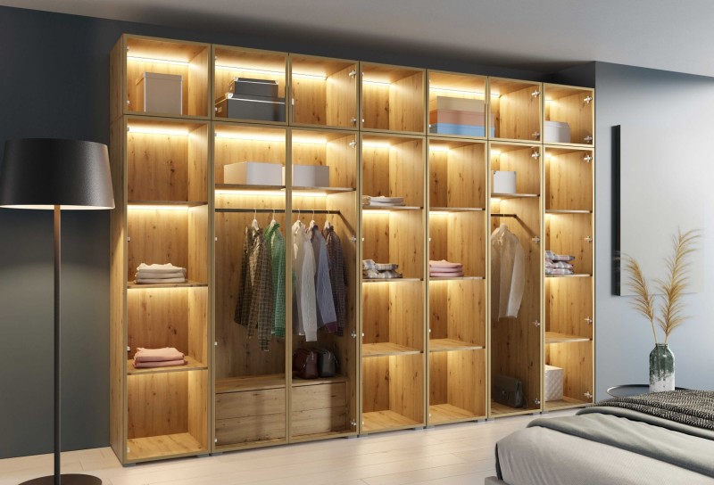 Szafa Modułowa z Nadstawką ALEX 350 cm Dąb Artisan Szklane Fronty Garderoba Złote Okucia