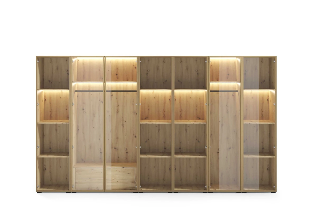 Szafa Modułowa ALEX 350 cm Dąb Artisan Szklane Fronty Garderoba Złote Okucia