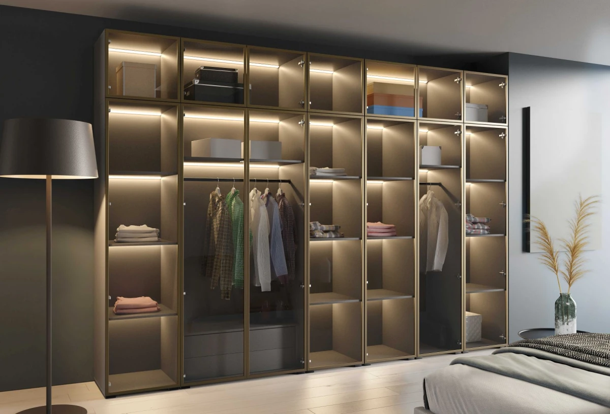 Szafa Modułowa z Nadstawką ALEX 350 cm Antracyt Szklane Fronty Garderoba Złote Okucia