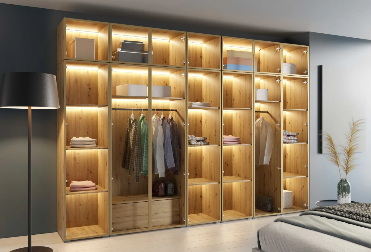 Szafa Modułowa z Nadstawką ALEX 350 cm Dąb Artisan Szklane Fronty Garderoba Złote Okucia