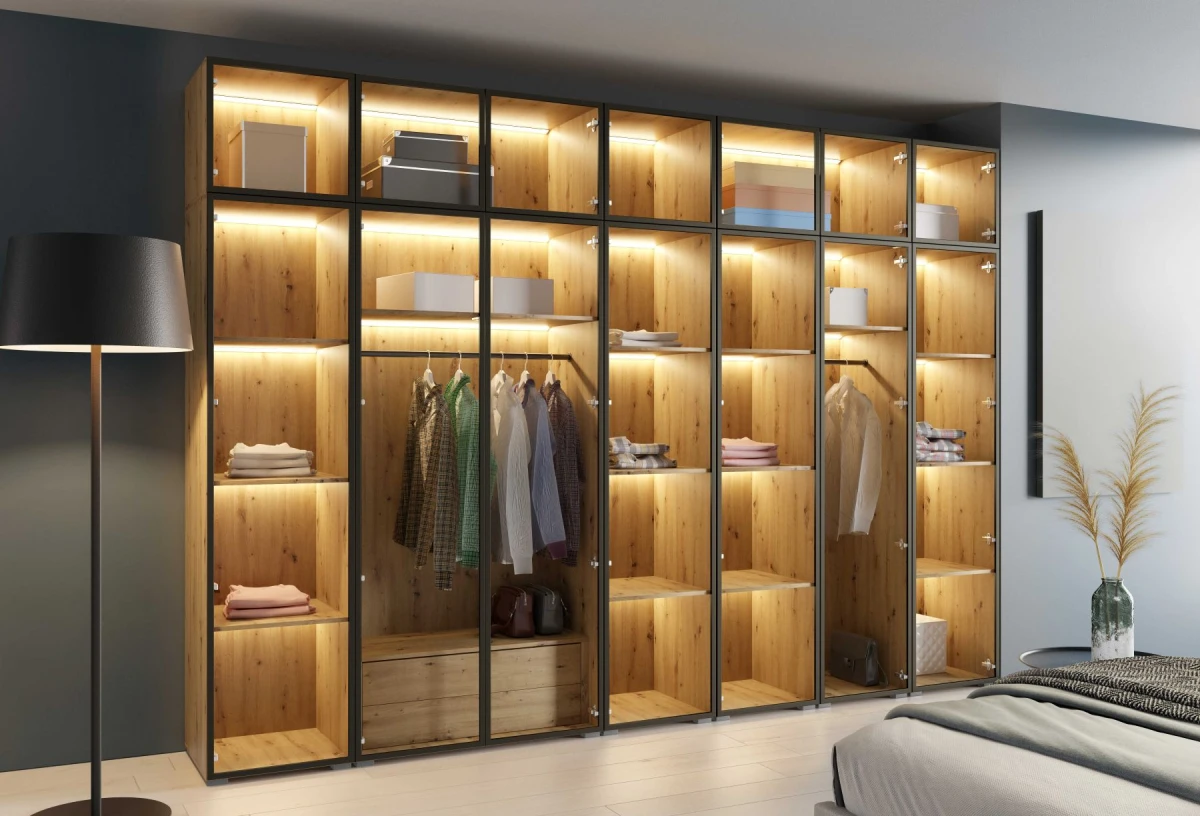 Szafa Modułowa z Nadstawką ALEX 350 cm Dąb Artisan Szklane Fronty Garderoba Czarne Okucia