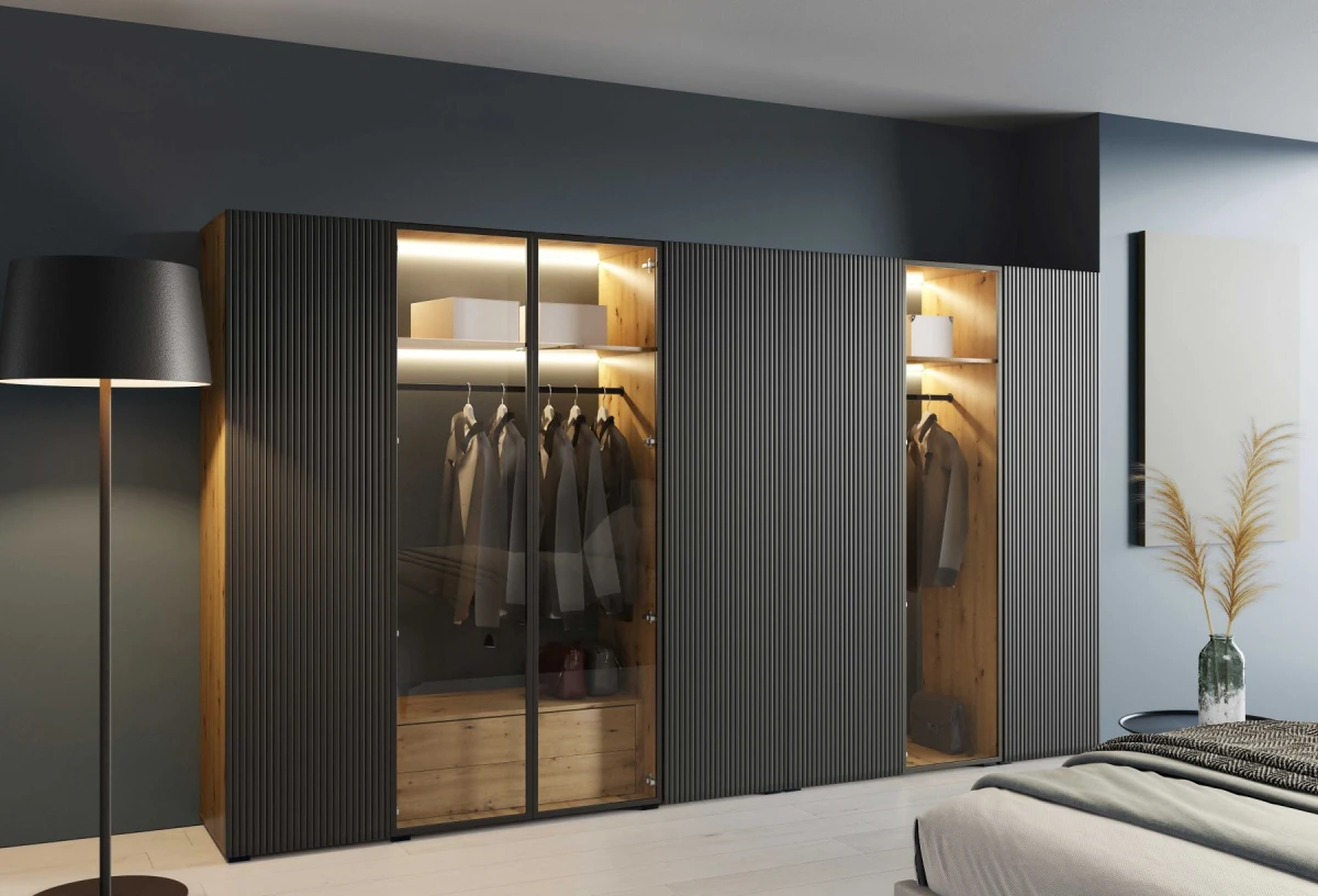 Szafa Modułowa ALEX 350 cm Czarny Mat + Dąb Artisan Gładkie Fronty ze Szkłem Garderoba Czarne Okucia