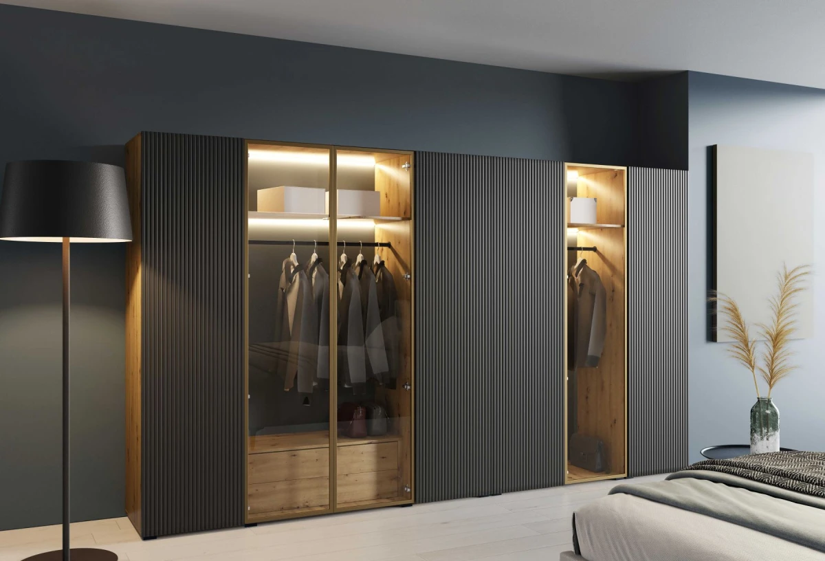 Szafa Modułowa ALEX 350 cm Czarny Mat + Dąb Artisan Gładkie Fronty ze Szkłem Garderoba Złote Okucia