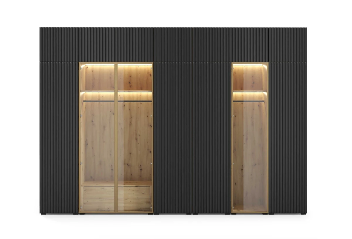 Szafa Modułowa z Nadstawką ALEX 350 cm Czarny Mat + Dąb Artisan Gładkie Fronty ze Szkłem Garderoba Złote Okucia Bryła