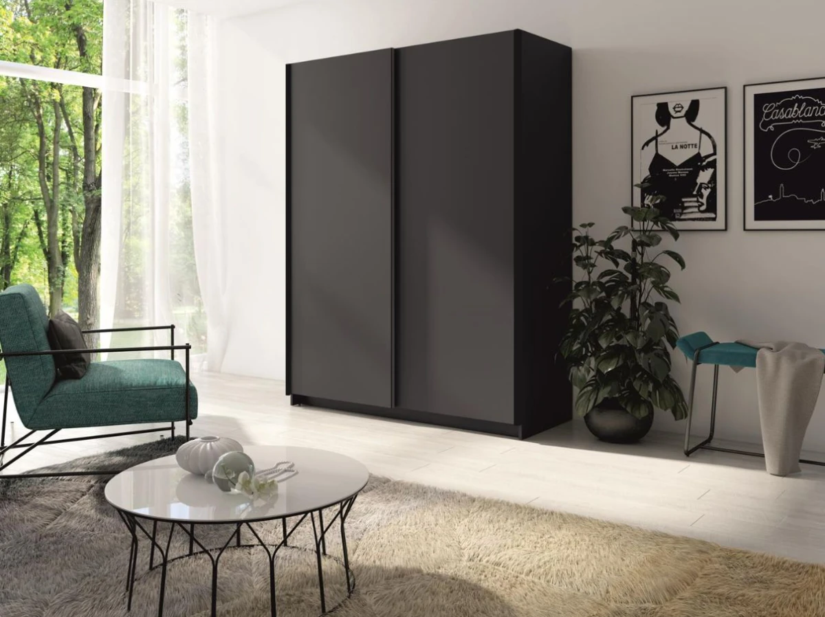 Minimalistyczna Szafa Przesuwna 180 cm Grafitowa Garderoba do Sypialni GOZO