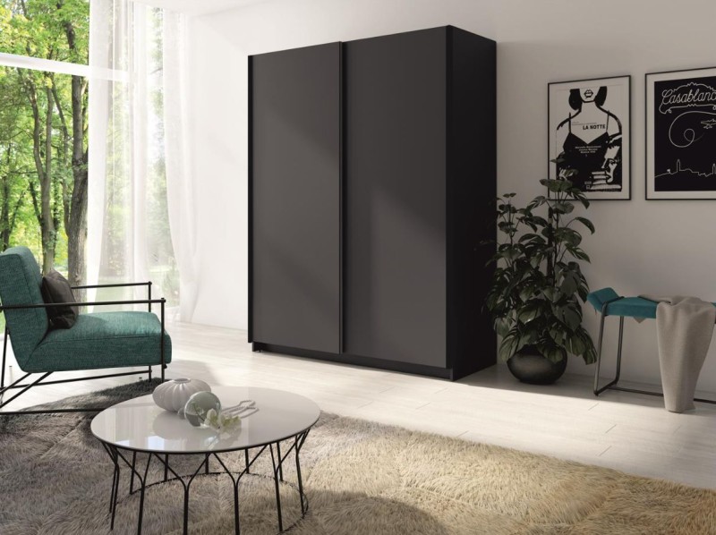 Minimalistyczna Szafa Przesuwna 180 cm Grafitowa Garderoba do Sypialni GOZO