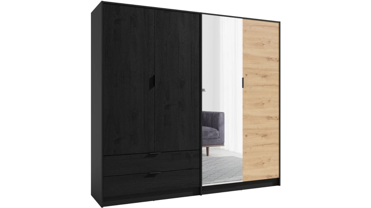 Szafa Otwierana 220 cm Czarna Dąb Artisan z Lustrem Garderoba ULM