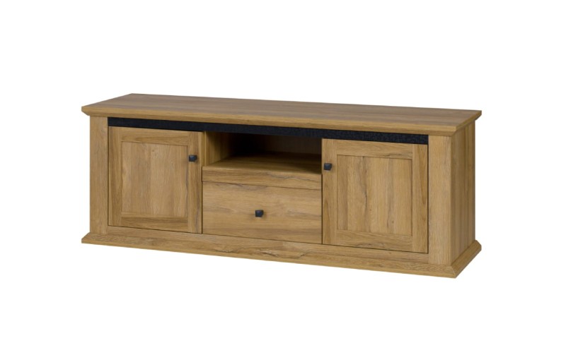 MZ15 Szafka RTV 150 Szeroka Duża Drzwi Półka Szuflady MEZO Biała Dąb Grand Kraft Biały.jpg