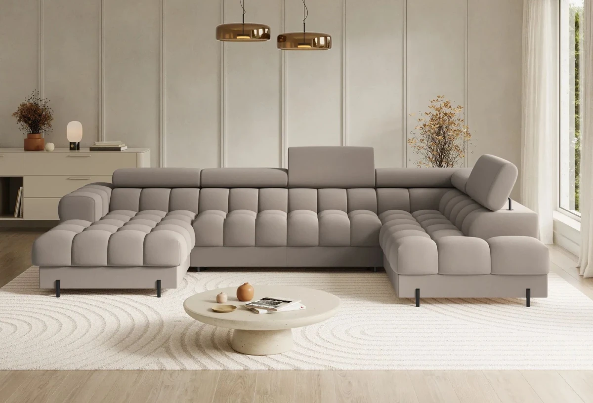 Narożnik FERARIA Tkanina Sola 18 Beżowy Funkcja Spania Pojemnik Regulowane Zagłówki U-Kształtny.jpg