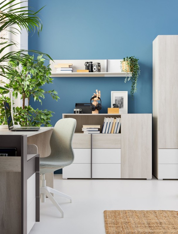 Szeroka komoda z kolekcji Remo z białymi frontami i otwartą półką, zaaranżowana w nowoczesnym biurze domowym
