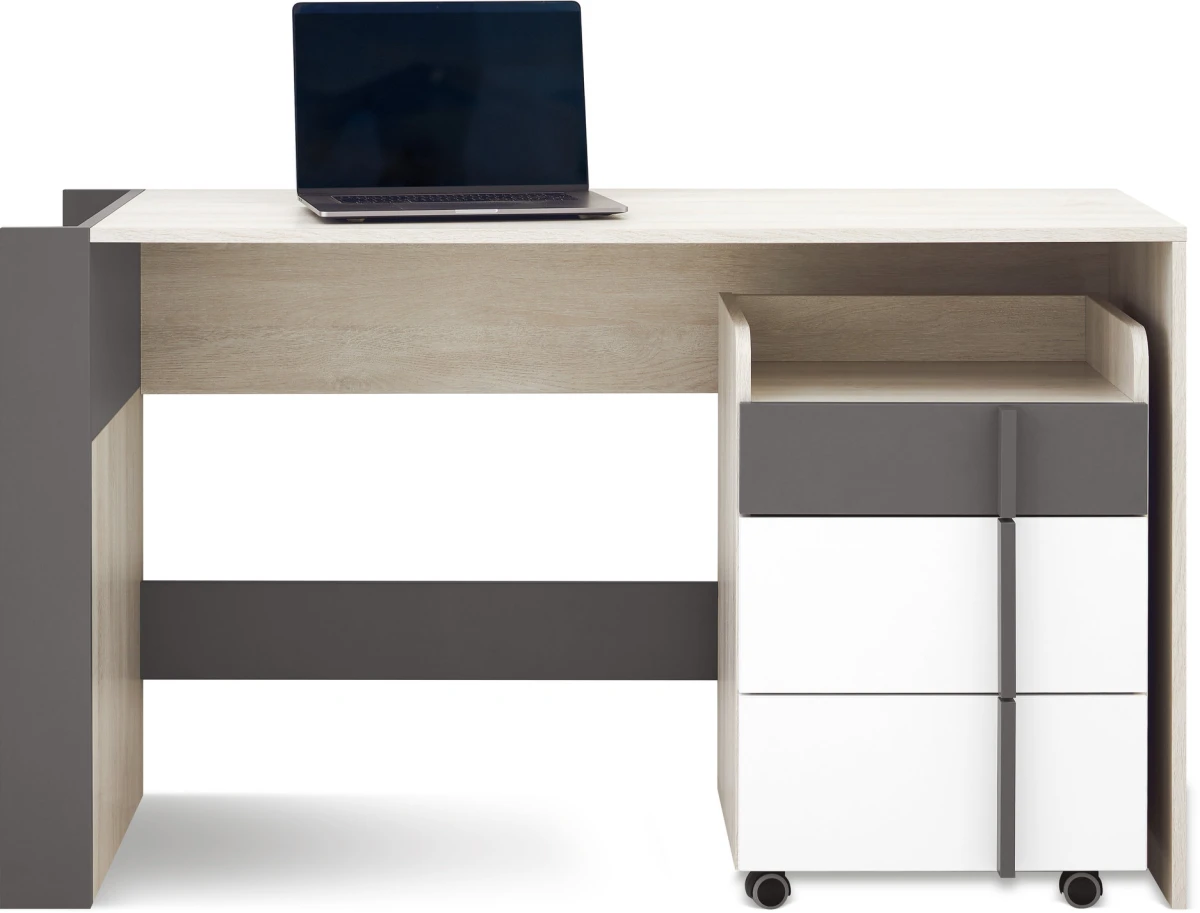 Biurko Młodzieżowe 130 cm Białe Dąb Wilton z Mobilnym Kontenerkiem do Pokoju REMO RM10