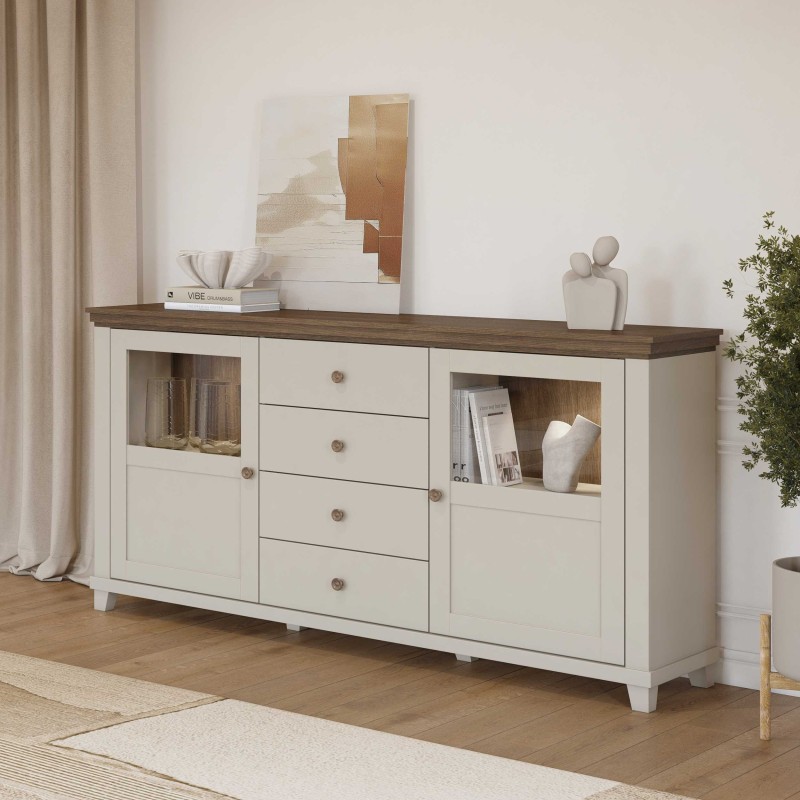 EVORA 24D1JU25_1 KOMODA Z WITRYNĄ BEŻ JASNY BEŻOWA DĄB DUNIN ARANŻACJA.jpg