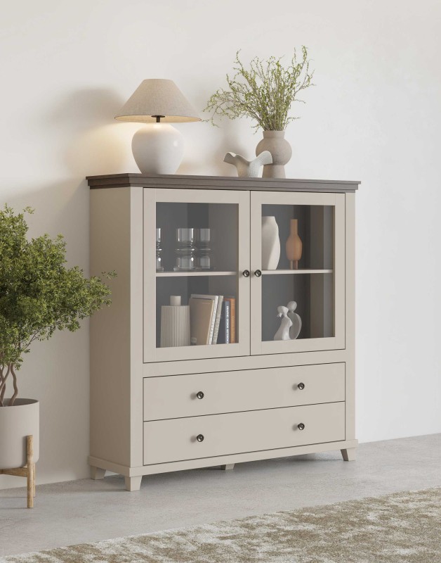 EVORA 24D1JU46_5 KOMODA WYSOKA Z WITRYNĄ BEŻ JASNY BEŻOWA DĄB DUNIN ARANŻACJA.jpg