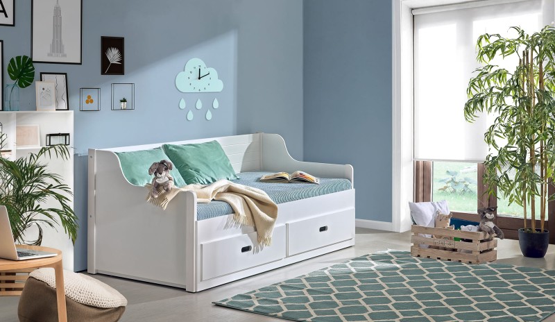 Szymon - Aranżacja Łóżko 200 x 80 - 160 Białe 2-osobowe niskie rozsuwane Szuflady antracyt .jpg