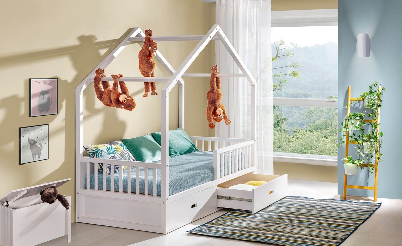Łóżko Wiktor Domek Białe Szuflady Barierka.jpg