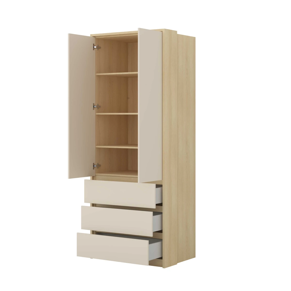 TERRA 24LBON68_4b+24LGON01 SZAFA DWUDRZWIOWA 3 SZUFLADY Z LISTWĄ BOCZNĄ DO SYPIALNI MŁODZIEŻOWA DĄB LINDBERG BEŻ PIASKOWY WEWNĄTRZ PÓLKI.jpg