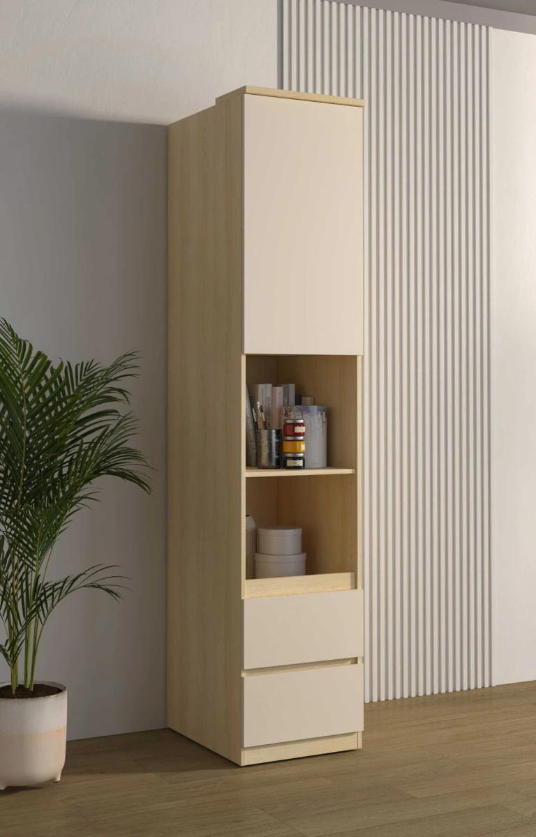 TERRA 24LBON94_1 REGAŁ GŁĘBOKI 2 SZUFLADY JEDNODRZWIOWY DĄB LINDBERG BEŻ PIASKOWY ARANŻACJA.jpg