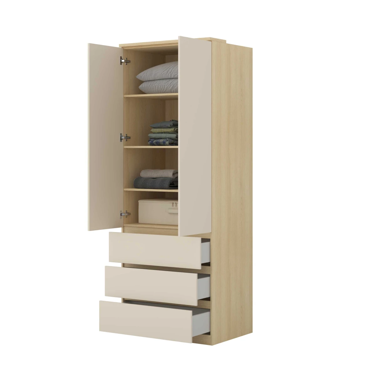 TERRA 24LBON68_4bb SZAFA DWUDRZWIOWA 3 SZUFLADY DO SYPIALNI MŁODZIEŻOWA DĄB LINDBERG BEŻ PIASKOWY WEWNĄTRZ PÓŁKI POŁARANŻ.jpg