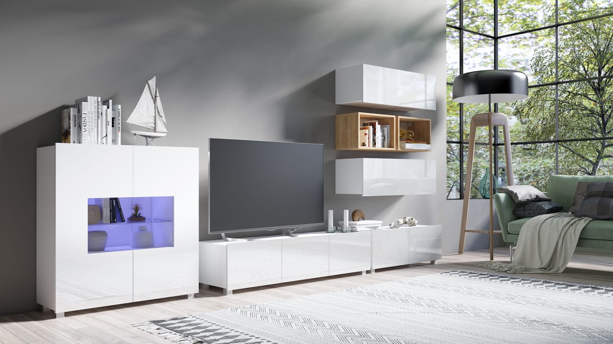 PRESTIŻ ZESTAW MEBLI Do Salonu POKÓJ SZAFKA WISZĄCA RTV WITRYNA Wysoki Połysk ZESTAW 28 biały-dąb złoty.jpg