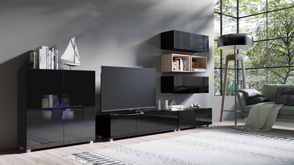 PRESTIŻ ZESTAW MEBLI Do Salonu POKÓJ SZAFKA WISZĄCA RTV WITRYNA Wysoki Połysk ZESTAW 28 czarny-dąb artisan (2).jpg