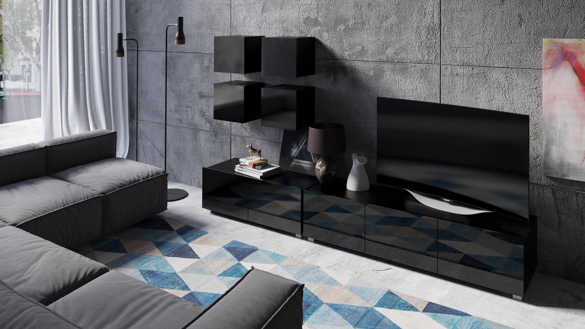 PRESTIŻ ZESTAW MEBLI Do Salonu Meblościanka POKÓJ Szafka Wisząca Uniwersalna RTV Wysoki Połysk  czatrny ZESTAW NR 18 (5).jpg