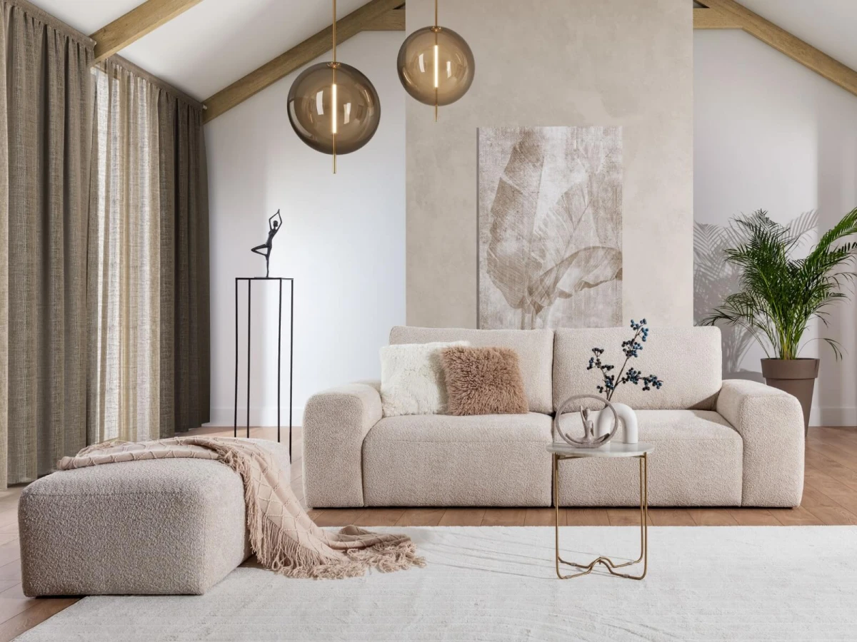 Nowoczesna Pufa oraz Dwuosobowa Sofa TOMINO w Salonie