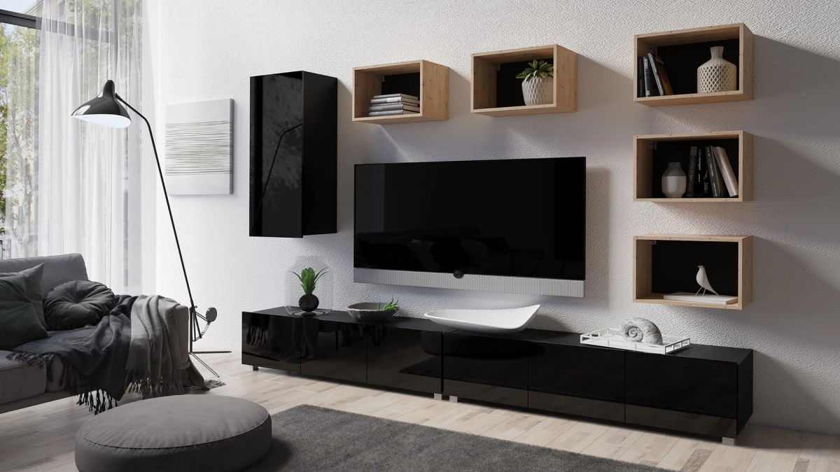 ZESTAW 37 czarny-dąb artisan (2) PRESTIŻ ZESTAW MEBLI Do Salonu Meblościanka POKÓJ Szafka Wisząca Uniwersalna RTV Wysoki Połysk.jpg