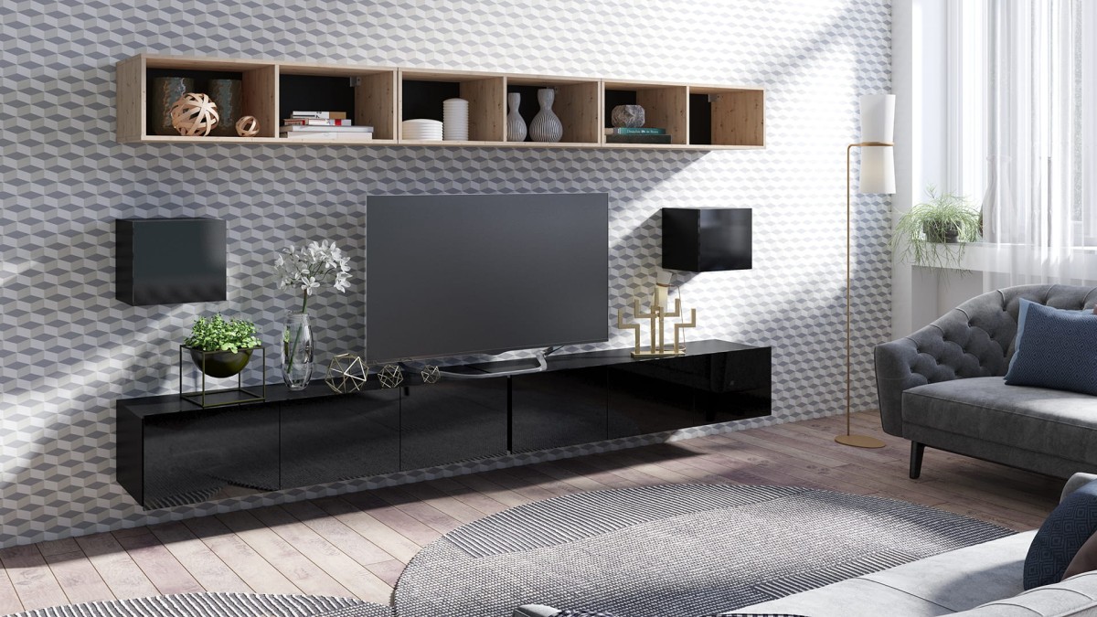 ZESTAW 34 czarny-dąb artisan PRESTIŻ ZESTAW MEBLI Do Salonu Meblościanka POKÓJ Szafka Wisząca Uniwersalna RTV Wysoki Połysk.jpg