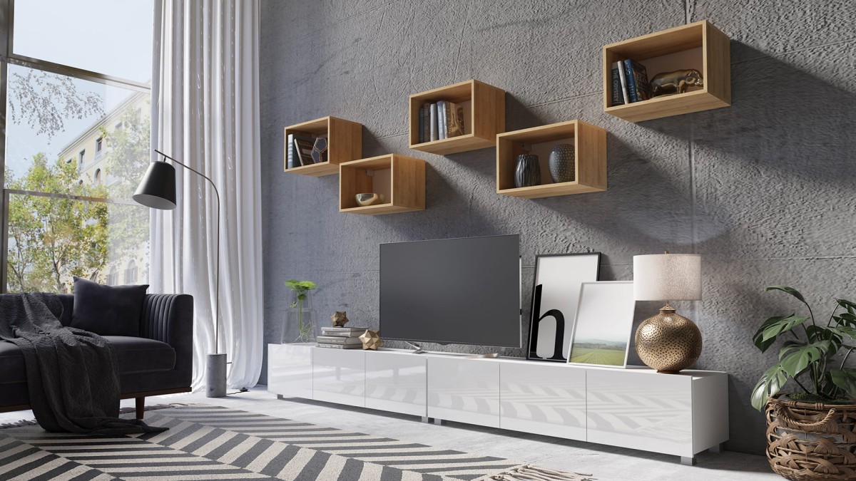 ZESTAW 32 biały-dąb złoty PRESTIŻ ZESTAW MEBLI Do Salonu Meblościanka POKÓJ Szafka Wisząca Uniwersalna RTV Wysoki Połysk.jpg