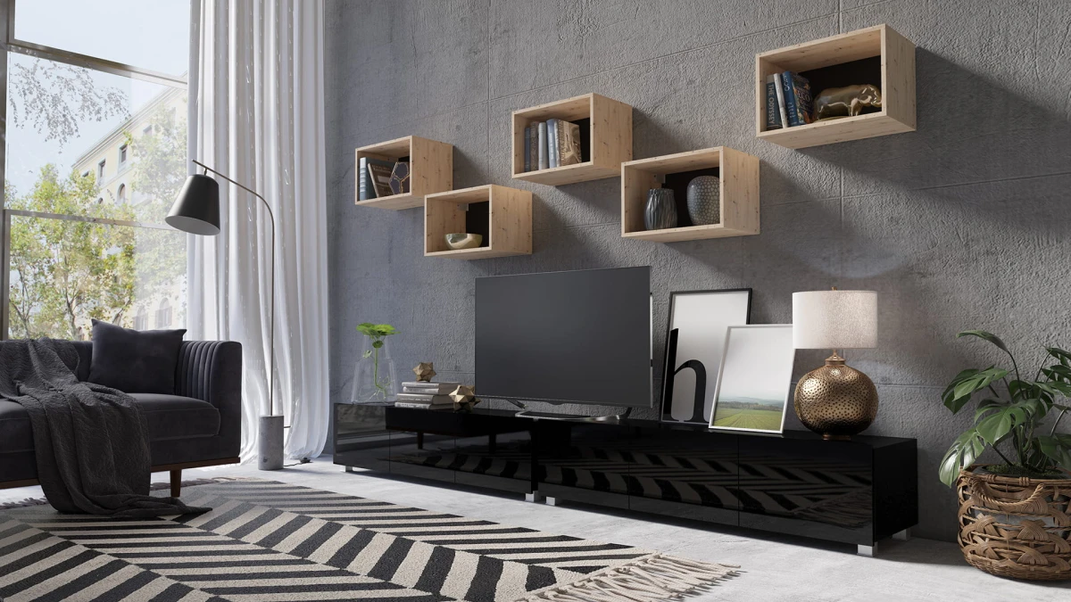 ZESTAW 32 czarny-dąb artisan (2) PRESTIŻ ZESTAW MEBLI Do Salonu Meblościanka POKÓJ Szafka Wisząca Uniwersalna RTV Wysoki Połysk.jpg