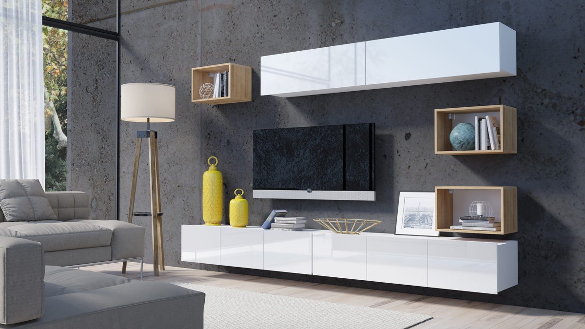 ZESTAW 31 biały-dąb złoty PRESTIŻ ZESTAW MEBLI Do Salonu Meblościanka POKÓJ Szafka Wisząca Uniwersalna RTV Wysoki Połysk.jpg