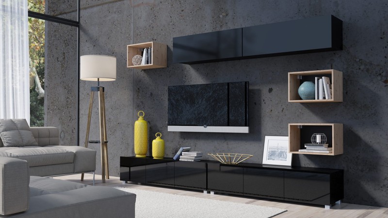 ZESTAW 31 czarny-dąb artisan (2) PRESTIŻ ZESTAW MEBLI Do Salonu Meblościanka POKÓJ Szafka Wisząca Uniwersalna RTV Wysoki Połysk.jpg