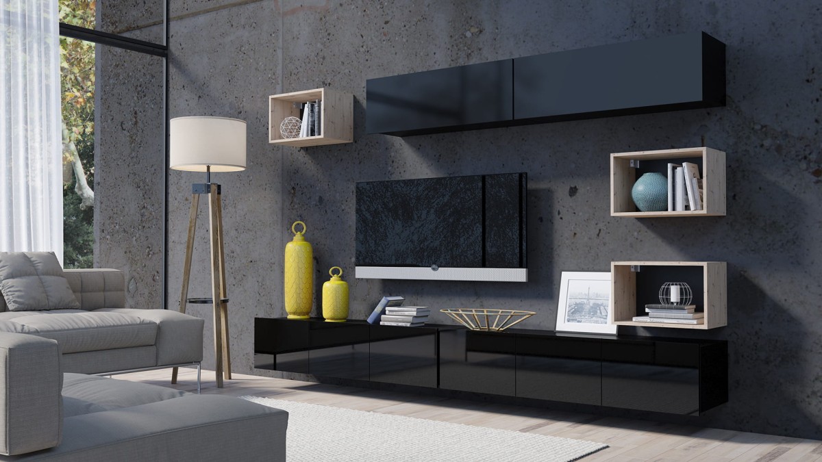 ZESTAW 31 czarny-dąb artisan PRESTIŻ ZESTAW MEBLI Do Salonu Meblościanka POKÓJ Szafka Wisząca Uniwersalna RTV Wysoki Połysk.jpg