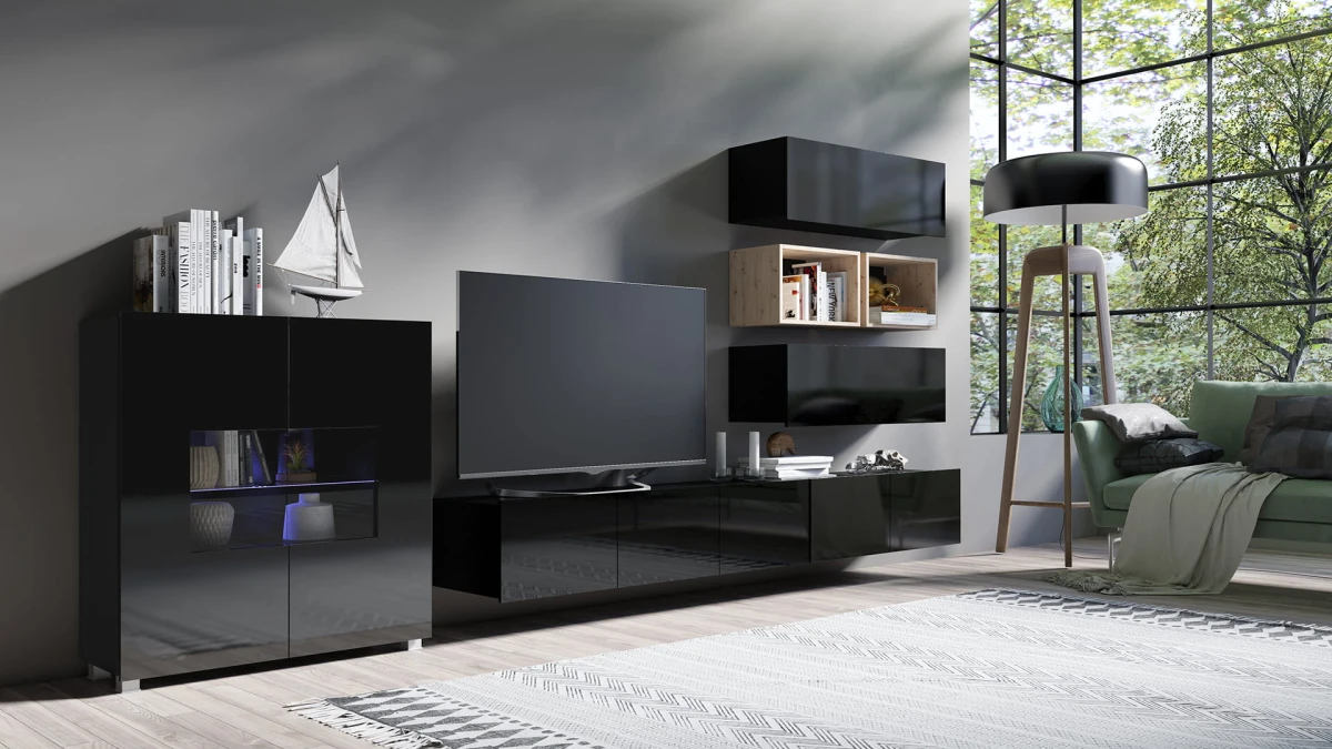 PRESTIŻ ZESTAW MEBLI Do Salonu POKÓJ SZAFKA WISZĄCA RTV WITRYNA Wysoki Połysk ZESTAW 28 czarny-dąb artisan.jpg