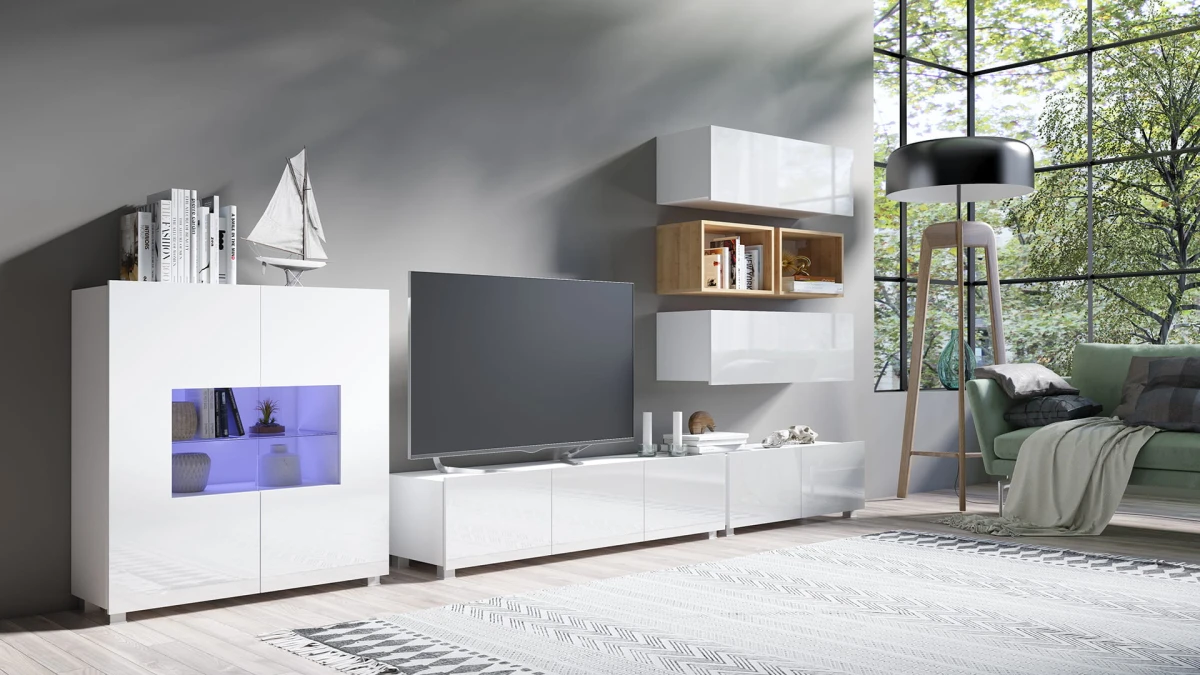 PRESTIŻ ZESTAW MEBLI Do Salonu POKÓJ SZAFKA WISZĄCA RTV WITRYNA Wysoki Połysk ZESTAW 28 biały-dąb złoty.jpg